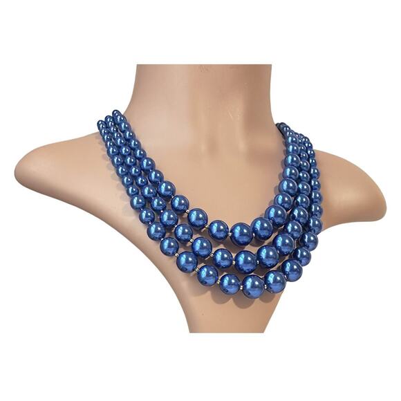 Charter Club Triple Strand Blue Bead Choker Necklace Graduated Statement Jewelry - Picture 1 of 6